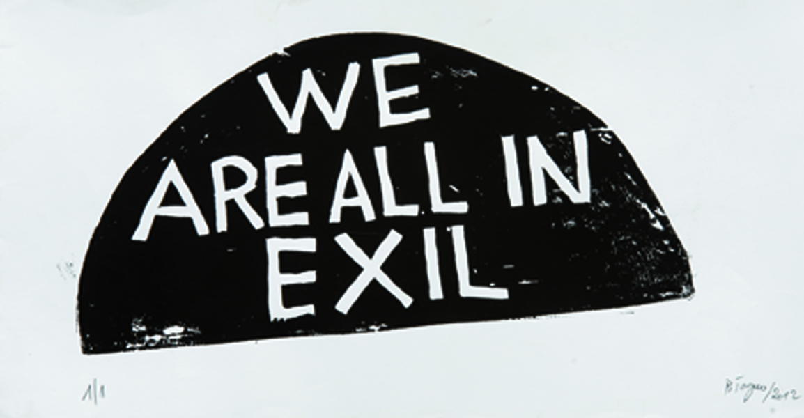 Barthélémy Toguo, Print Shock : We are all in exil. 2011, bois gravé, 27 x 52 cm. Collection particulière.